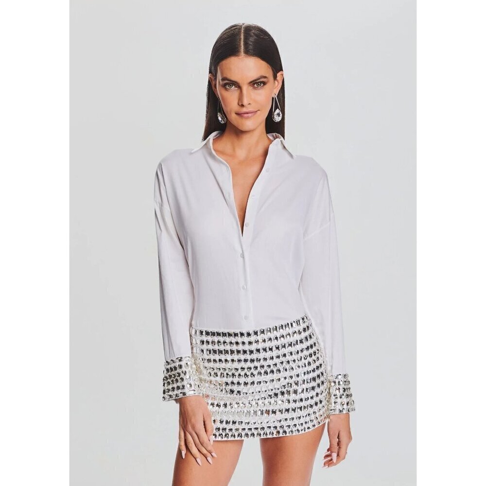 Retrofete Katie Rhinestone Cuff Button Up Shirt White Silver Womens Size XS